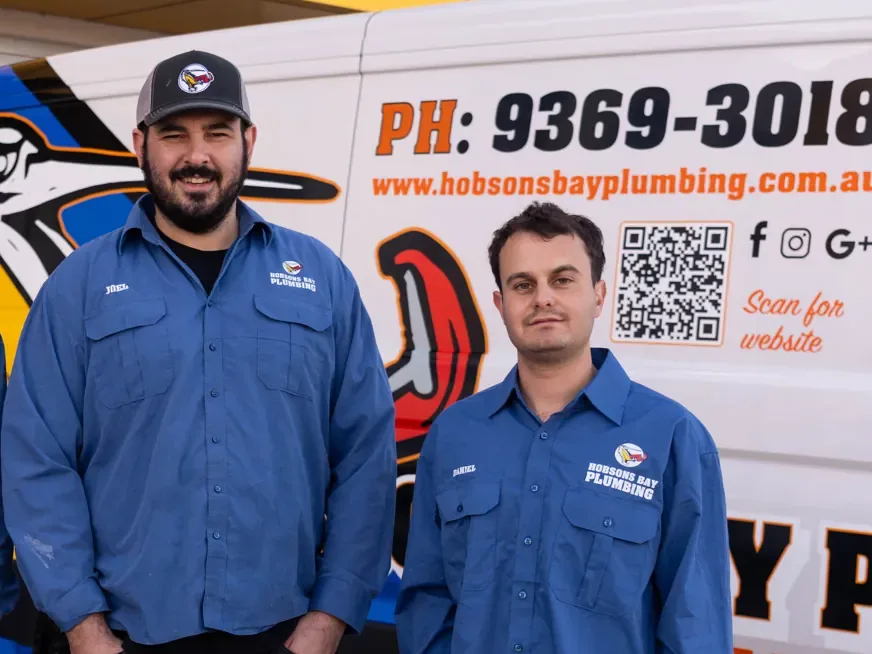 Joel and Daniel from Hobsons Bay Plumbing with the company van