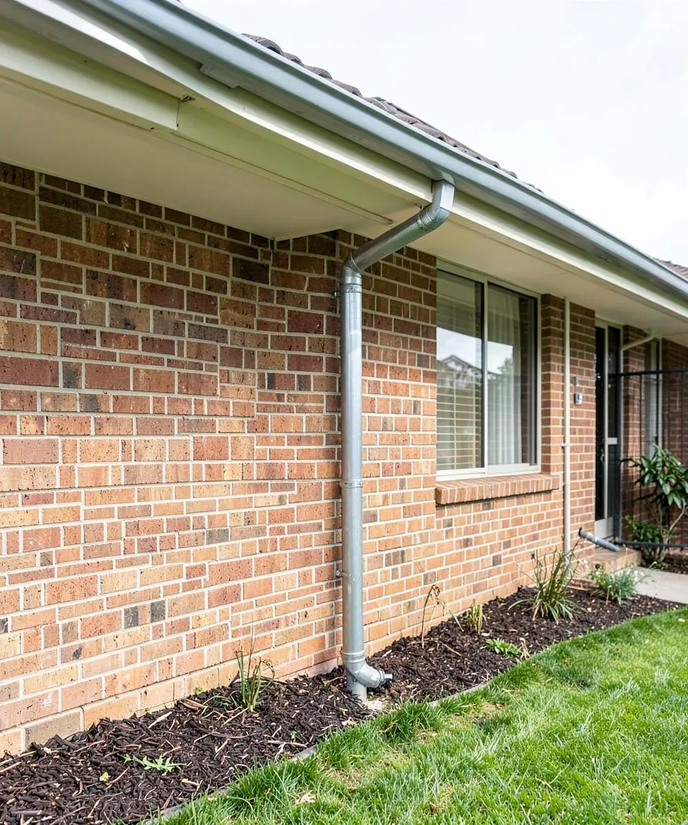 Newly installed metal downpipe connected to guttering on a brick home