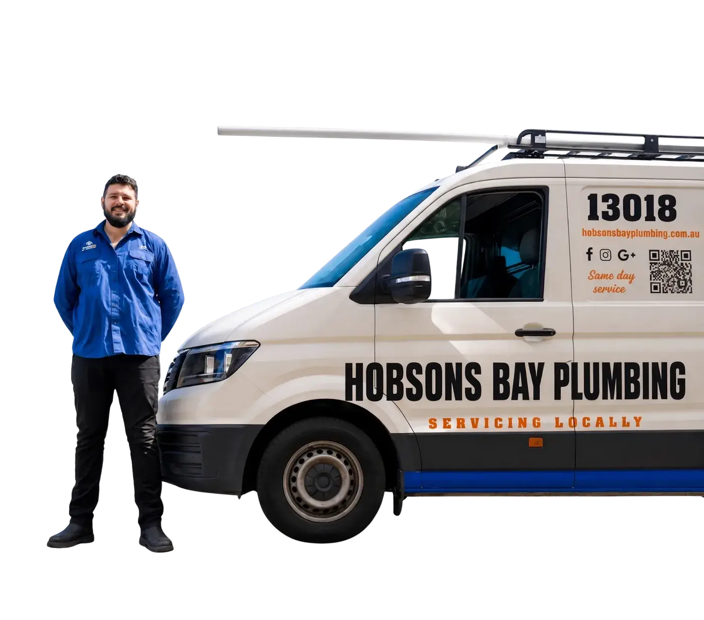 Joel from Hobsons Bay Plumbing standing next to branded van