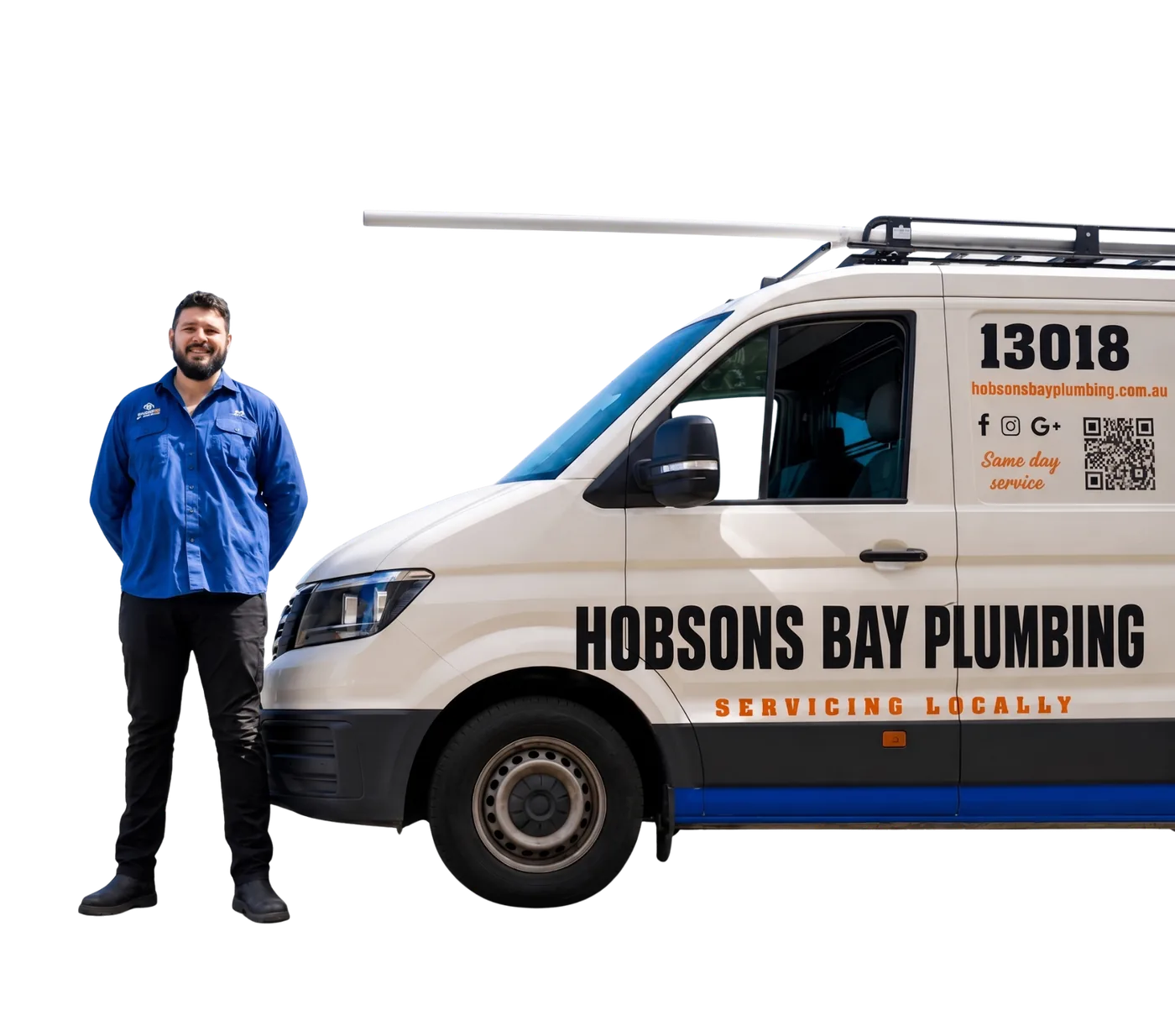 Joel from Hobsons Bay Plumbing standing next to branded van
