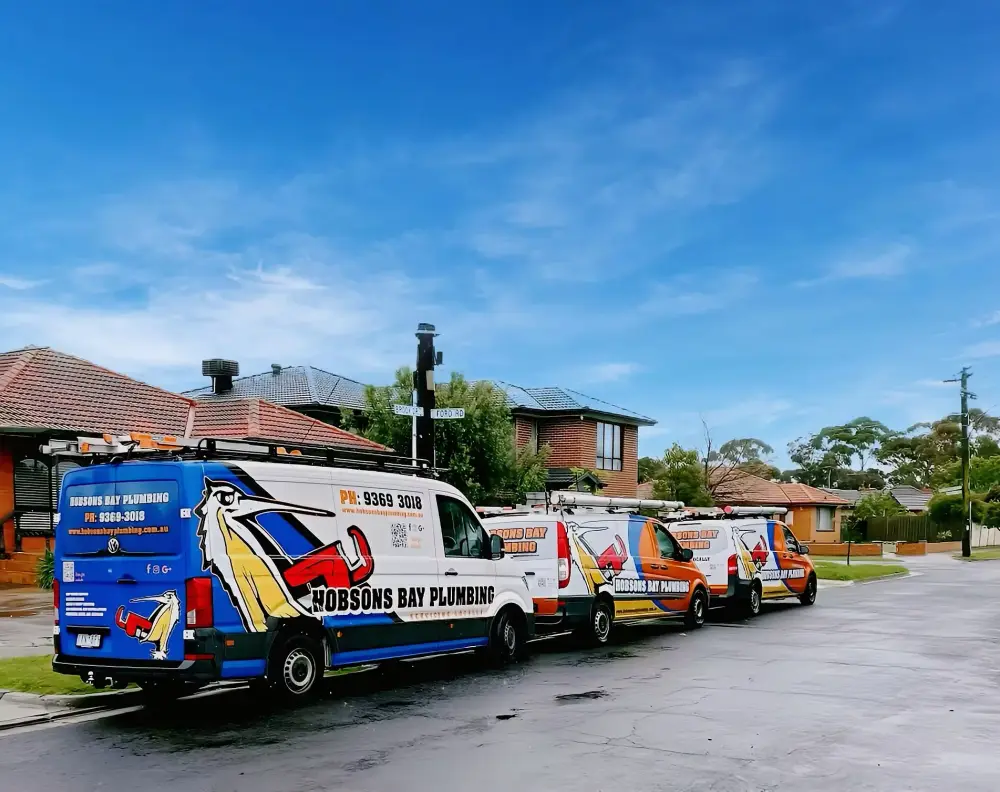 Hobsons Bay Plumbing vans lined up ready for storm damage callouts